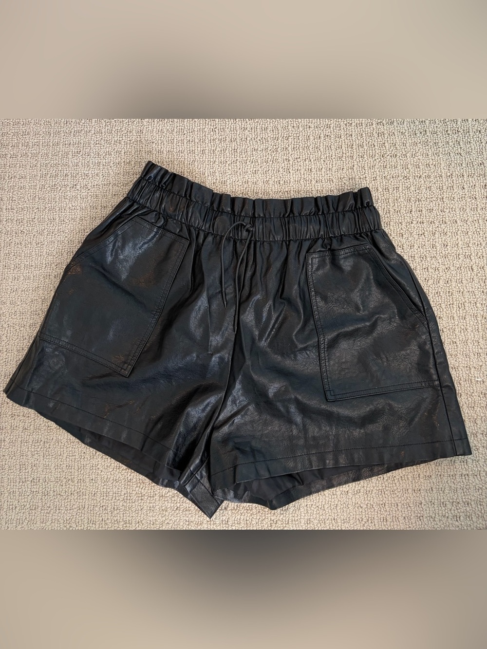 Black High Waist Faux Leather Drawstring Women’s Shorts